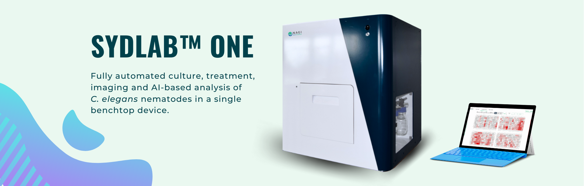 Nagi Bioscience SydLab One. Fully automated culture, treatment, imaging and AI-based analysis of C. elegans nematodes in a single benchtop device.