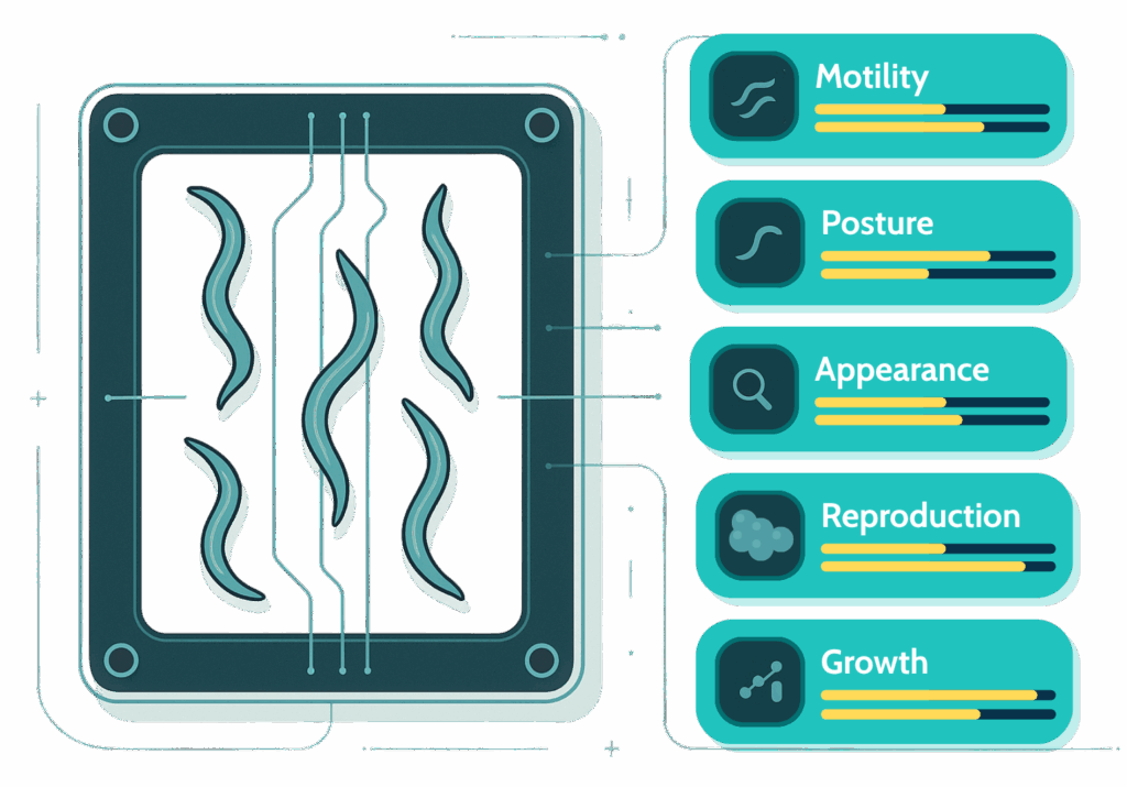 Scientific illustration of C. elegans on microfluidic chip with real-time data overlays for motility, posture, appearance, reproduction, and growth.