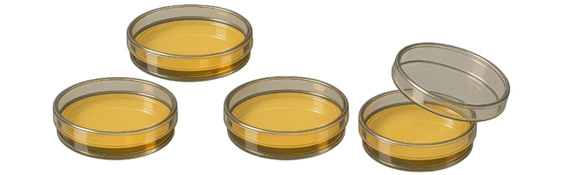 Petri dishes with culture medium illustrating traditional single-endpoint assays, highlighting the limitations of current aging research methods compared to Nagi Bioscience’s automated multi-endpoint platform.