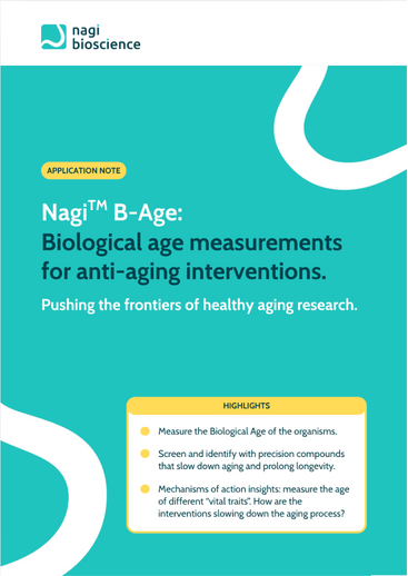Nagi B-Age application note: biological age measurements for longevity interventions, highlighting how Nagi Bioscience assays identify compounds that not only slow aging but prolong healthspan on five vital traits.