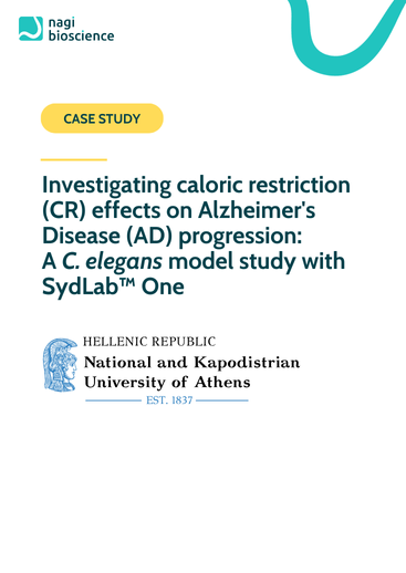 Case study on caloric restriction (CR) and Alzheimer’s disease progression using Nagi Bioscience’s SydLab™ One and Nagi™ B-Age platforms. Research with C. elegans models from Prof. Palikaras’ lab shows CR improves lifespan, healthspan, motility, and reduces biological age in wild-type and tau40-expressing nematodes, highlighting the role of mitochondrial function in aging and neurodegeneration.