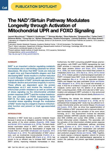 Scientific publication on Cell highlighting NAD⁺ and sirtuin pathways in longevity and mitochondrial function for aging research validation. Powered by Nagi Bioscience, being its first author Nagi Bioscience's CSO Laurent Mouchiroud.