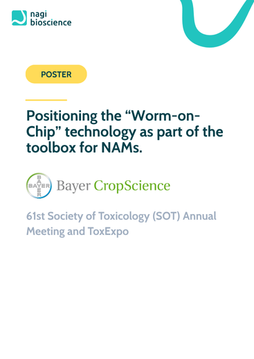 Scientific poster from Bayer CropScience and Nagi Bioscience on Worm-on-Chip technology as a non-animal testing tool for NAM-based reproductive toxicology.