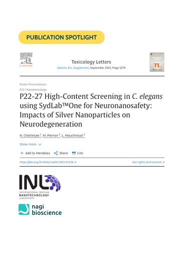 Publication spotlight on high-content screening in C. elegans using SydLab One for neuronanosafety about the impacts of Silver Nanoparticles on Neurodegeneration, featured in Toxicology Letters.