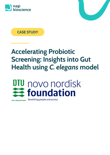 Case study from Nagi Bioscience showing probiotic screening for gut health using C. elegans model in collaboration with DTU Biosustain for the Novo Nordisk Foundation.