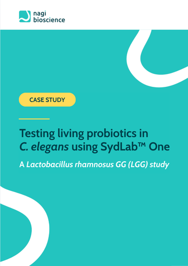 Case study on testing Lactobacillus rhamnosus probiotics in C. elegans using SydLab One automated longevity screening platform from Nagi Bioscience for healthy aging claims.