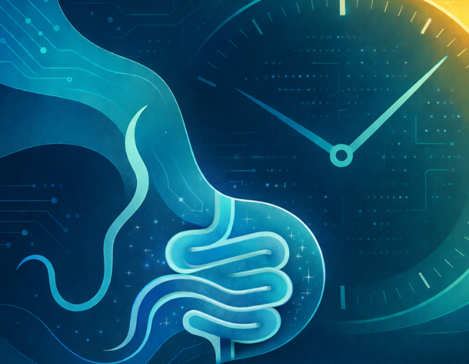 Gut health and microbiome research illustration highlighting biological age measurement in C. elegans as a trait for gut health and probiotic screening and claim substantiation.